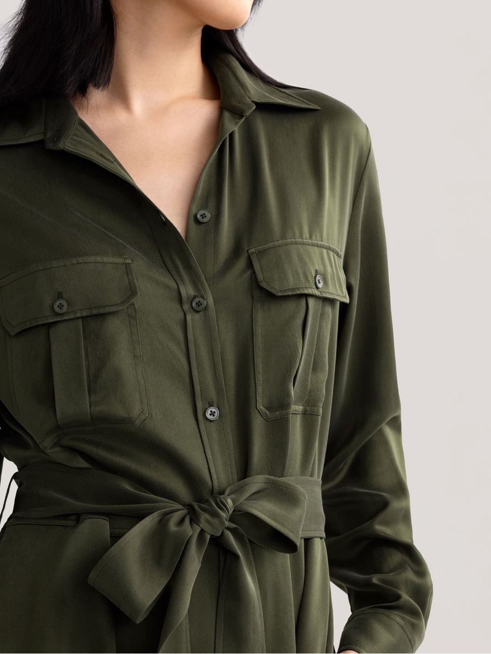 LilySilk Silk Suede Safari Military Trench Dress– Moss- Size L– NWT –$369 Retail - Picture 4 of 8